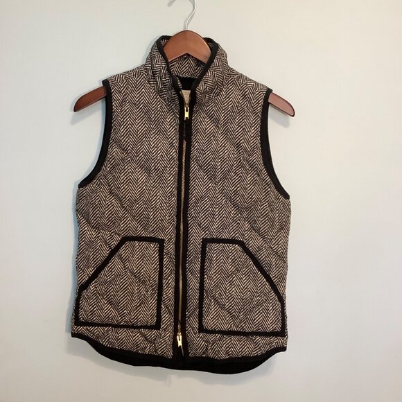 J. Crew Women’s Herringbone Puffer Down Vest Size XS Black Cream Full Zip Quilte - Picture 2 of 11